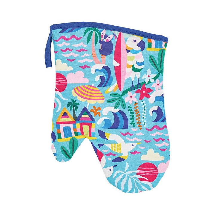 Colorful oven mitt with tropical design on a white background