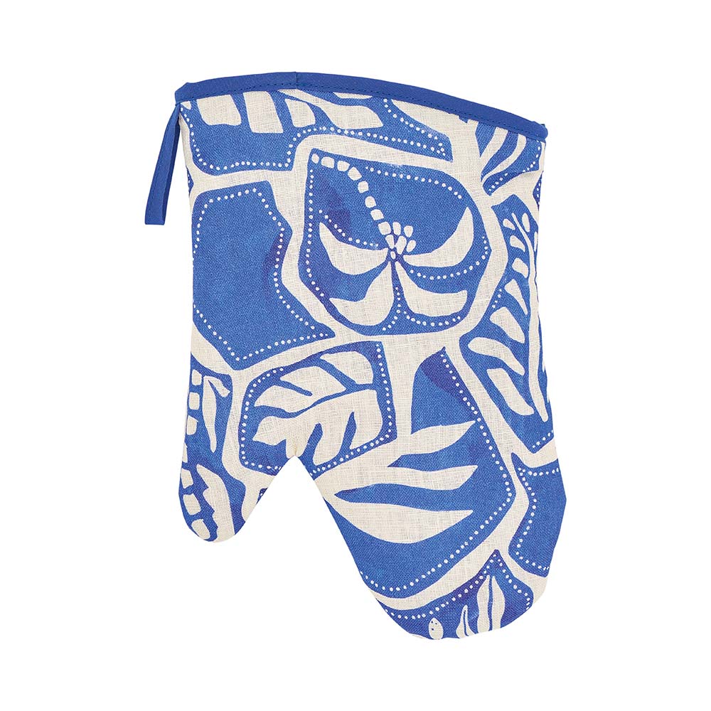 Blue and white patterned oven mitt on a white background