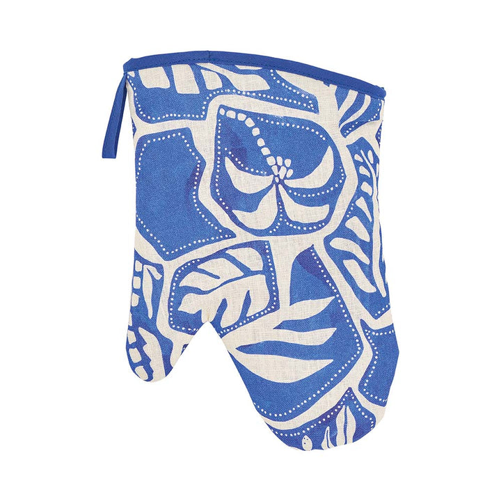 Blue and white patterned oven mitt on a white background