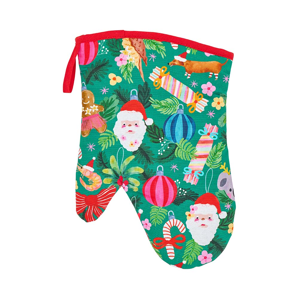 green christmas print on oven mitt