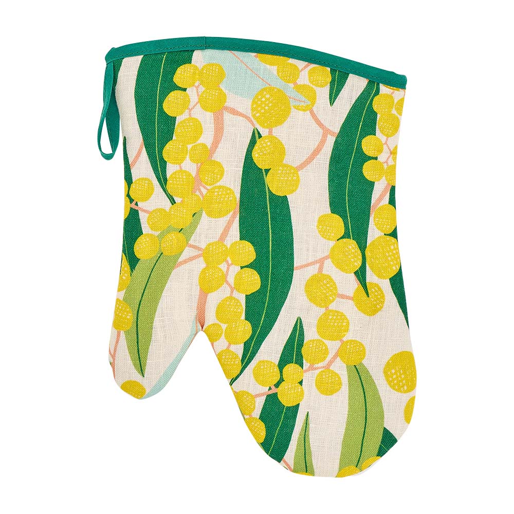 Oven mitt with yellow floral pattern on a white background