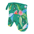 Oven mitt with floral and leaf pattern on a green background