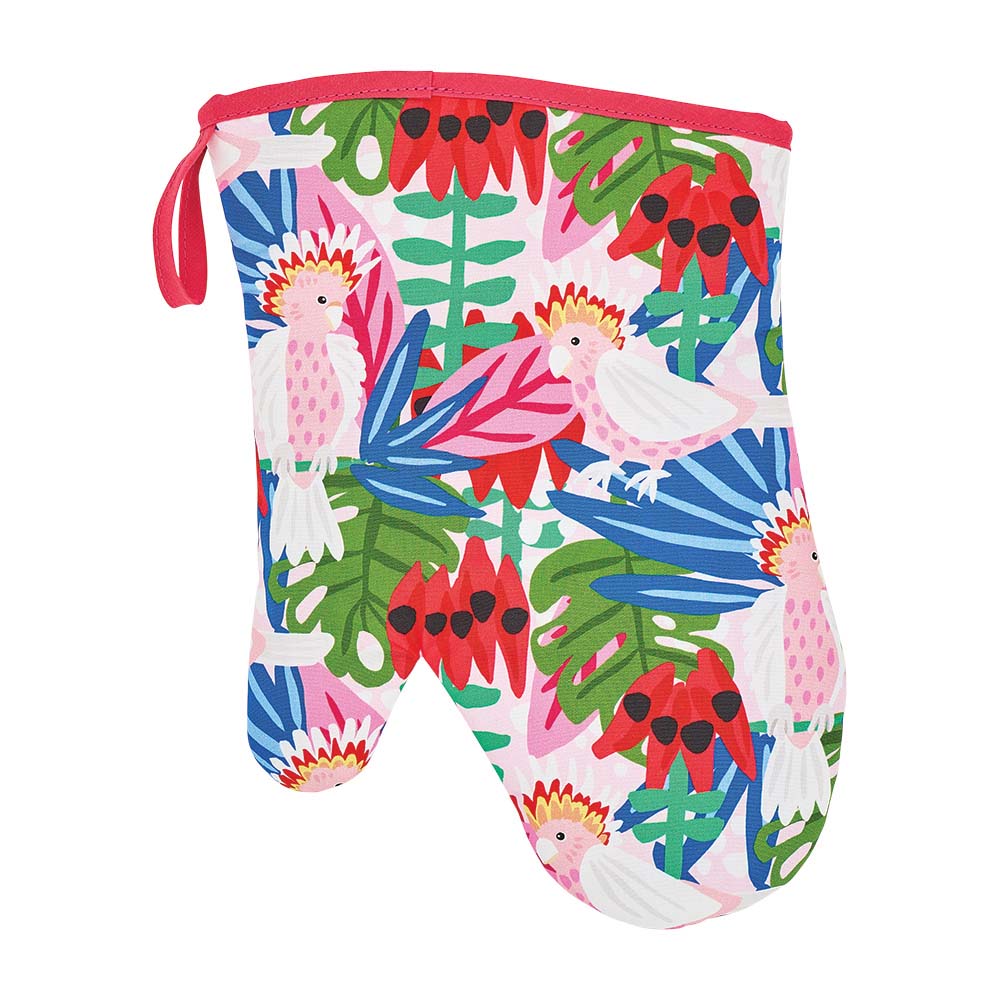 Colorful oven mitt with tropical leaf and parrot pattern on a white background