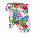 Colorful oven mitt with tropical leaf and parrot pattern on a white background