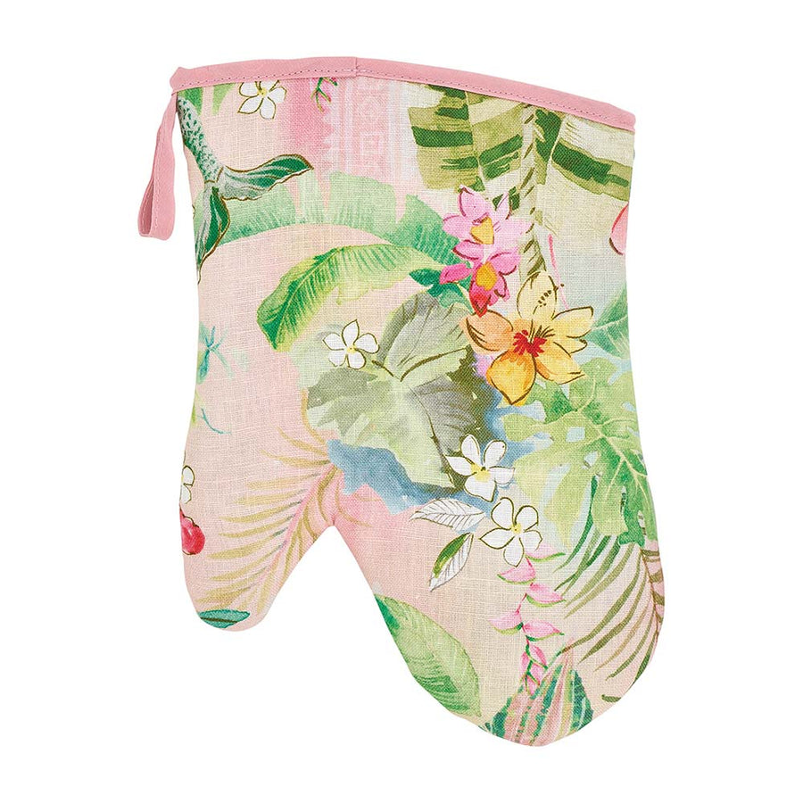Floral and leaf patterned oven mitt on a white background