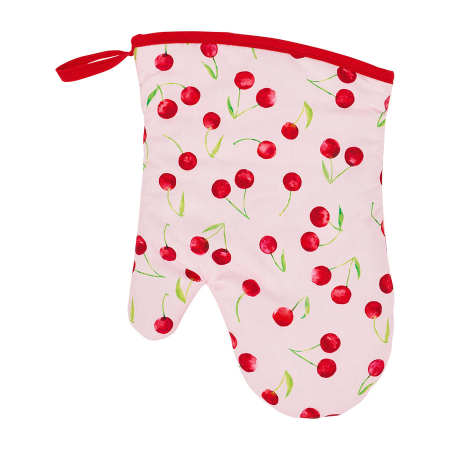 Oven mitt with cherry pattern on a white background