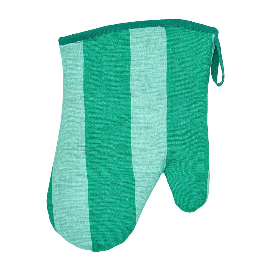 Green and light blue striped oven mitt on a white background
