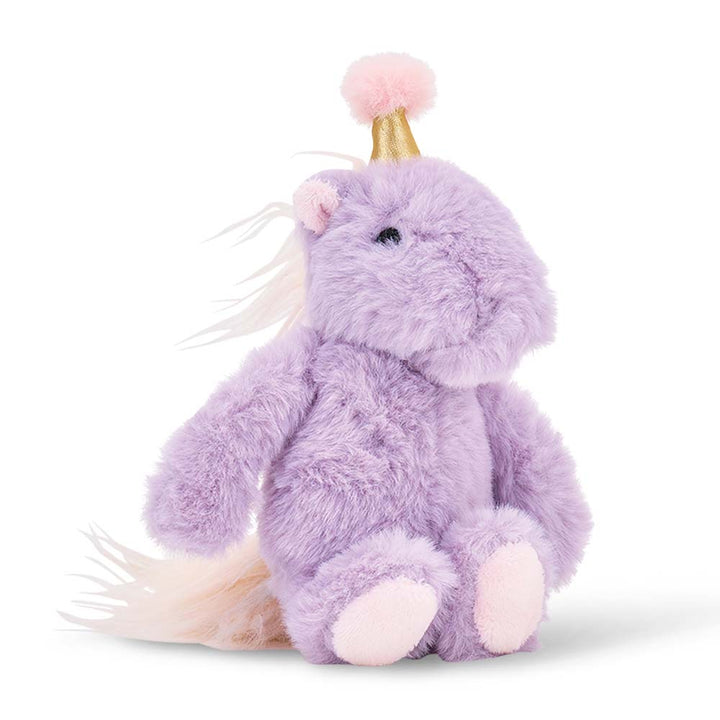 Plush toy unicorn with a pink horn on a white background