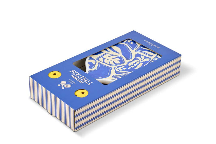 Blue and white pickleball paddle packaging on a white background