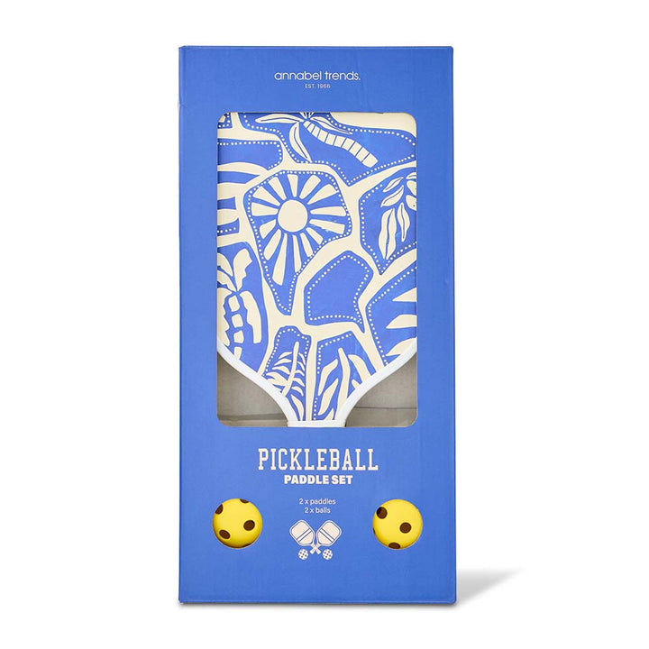 Blue pickleball paddle set packaging with white patterns and illustrations.