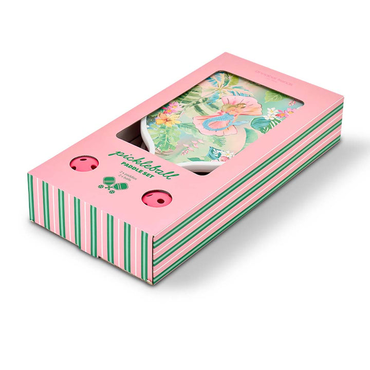 Pink and green striped box with a pickleball product inside on a white background