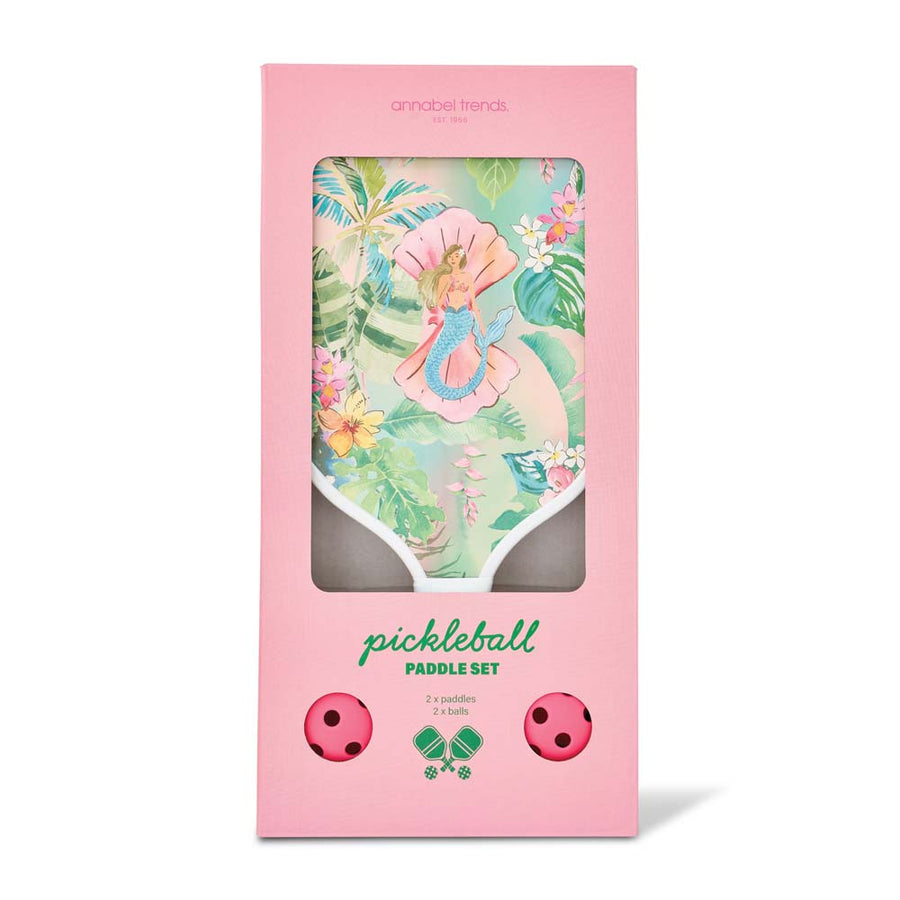Pickleball paddle set packaging with mermaid design on a pink background