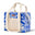 Blue and white patterned bag with a textured pouch on a white background