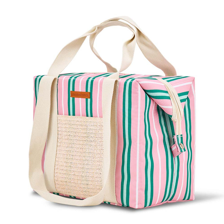Striped cooler bag with a handle on a white background