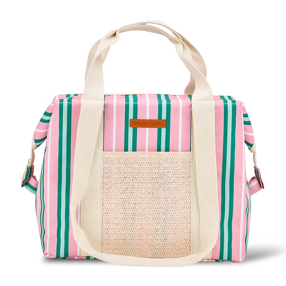 Striped bag with straw texture pocket on a white background