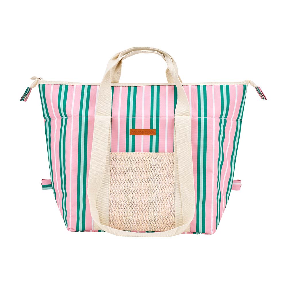 Striped tote bag with a woven pocket on a white background