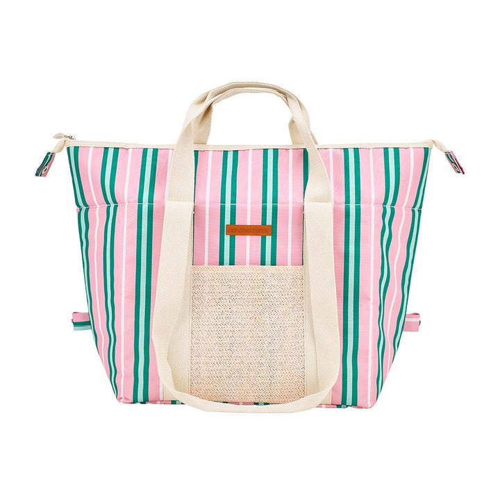 Striped tote bag with a woven pocket on a white background