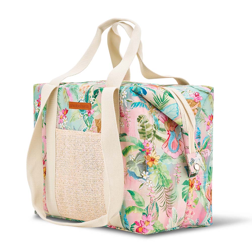 Floral patterned tote bag with a woven section on a white background