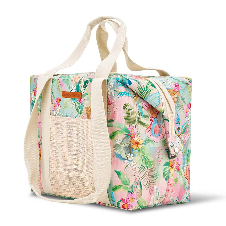 Floral patterned tote bag with a woven section on a white background