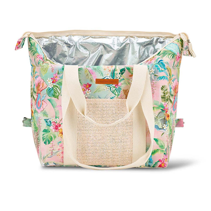 Floral-patterned cooler bag with a straw handle on a white background