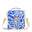 Blue and white patterned bag with a strap on a white background