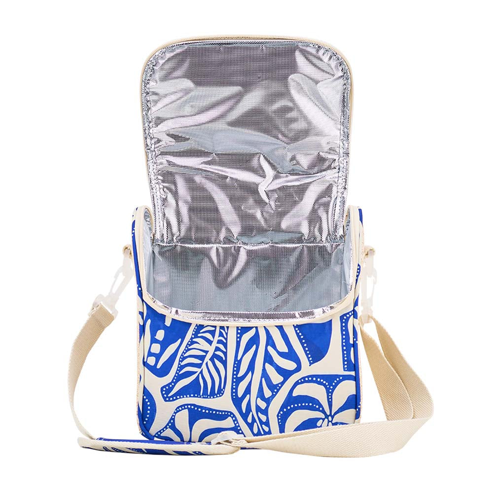 Insulated cooler bag with blue and white pattern on a white background