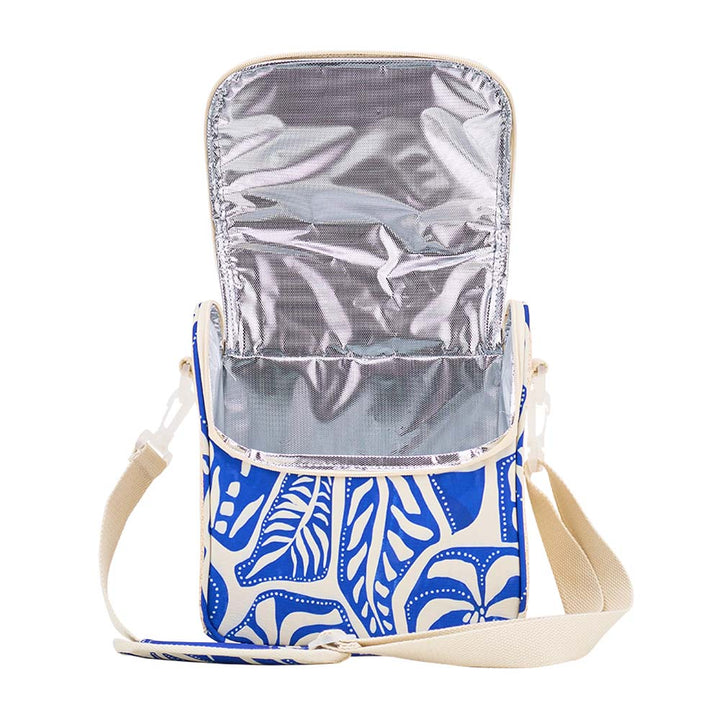 Insulated cooler bag with blue and white pattern on a white background