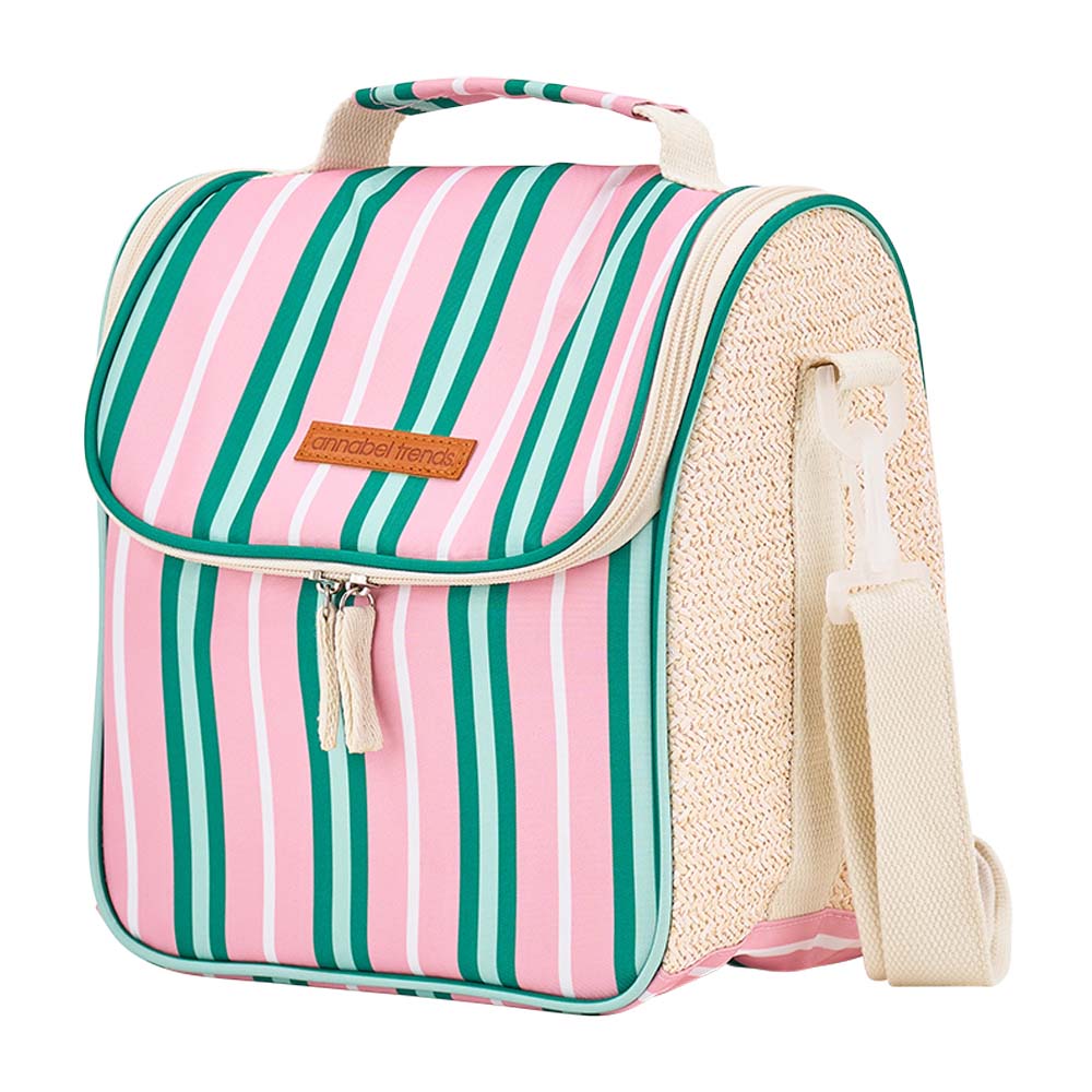 Striped lunch bag with a handle and strap on a white background