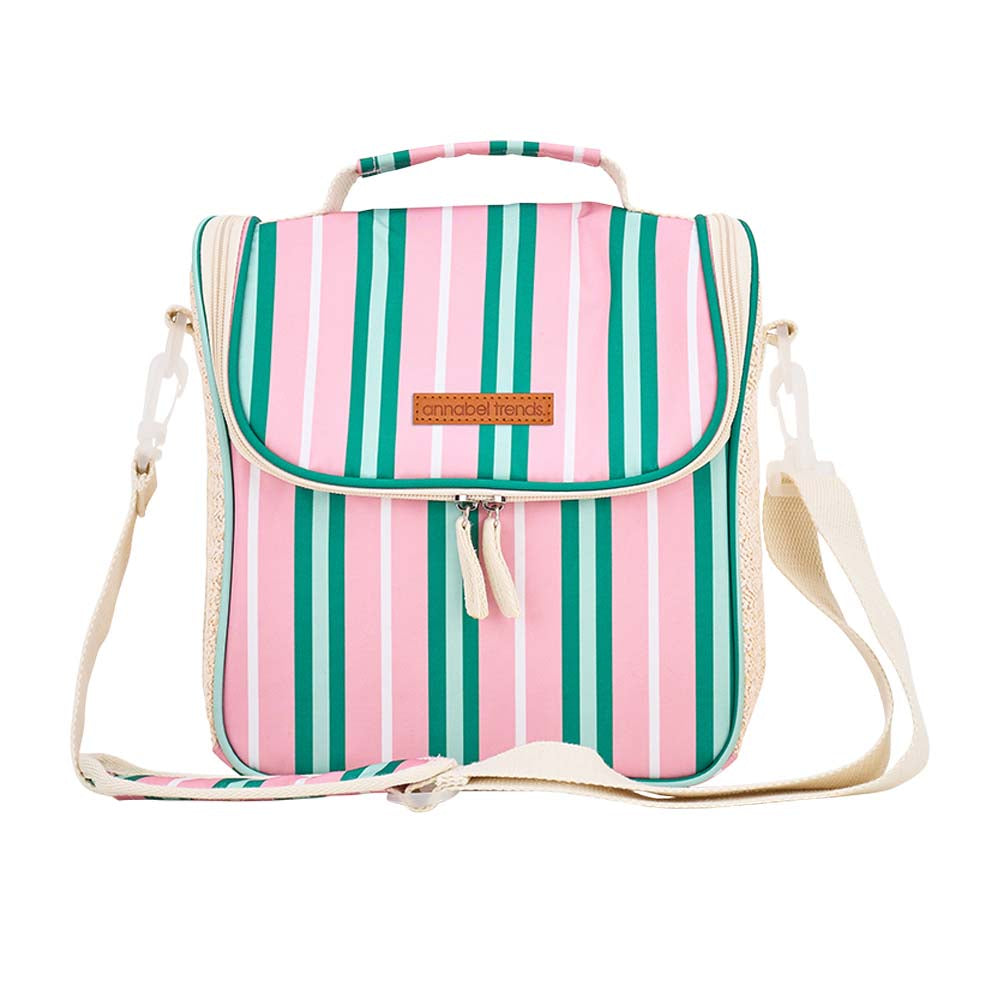Striped picnic lunch bag with a visible brand logo on a white background