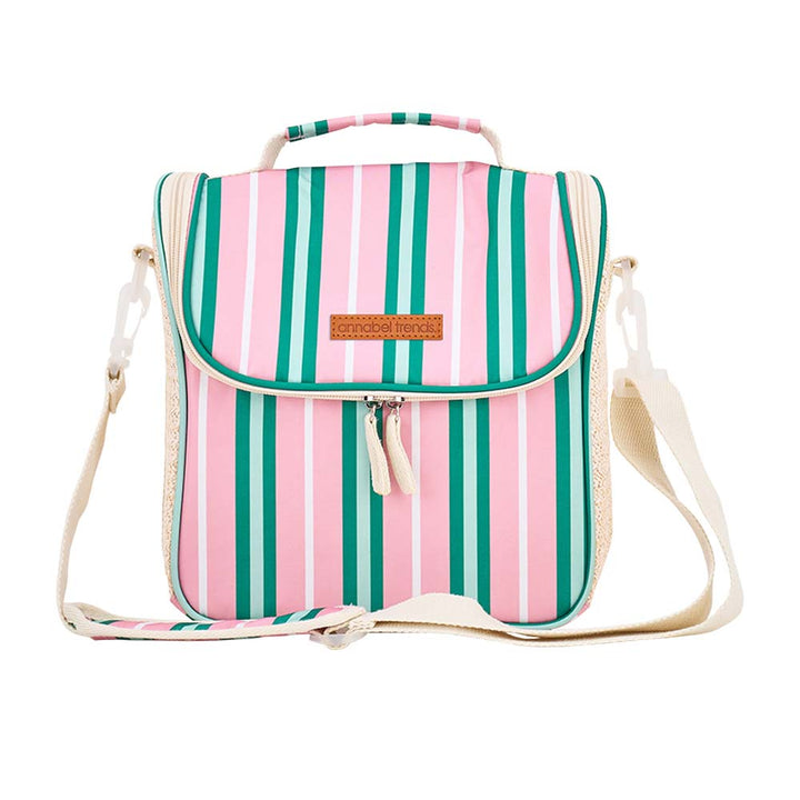 Striped picnic lunch bag with a visible brand logo on a white background