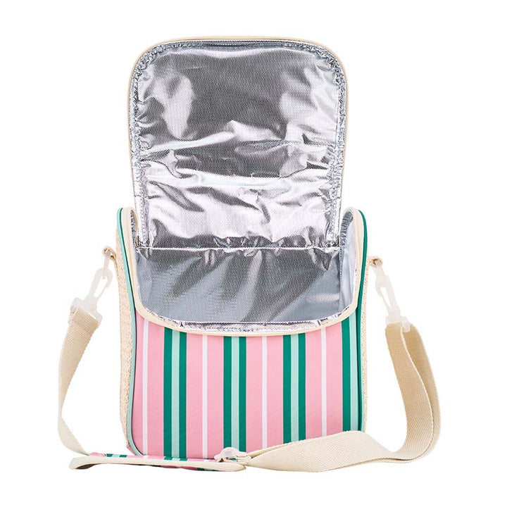 Insulated lunch bag with pink and green striped design on a white background