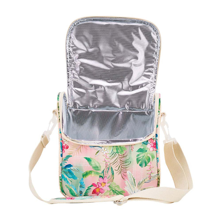 Floral-patterned cooler bag with silver interior on a white background