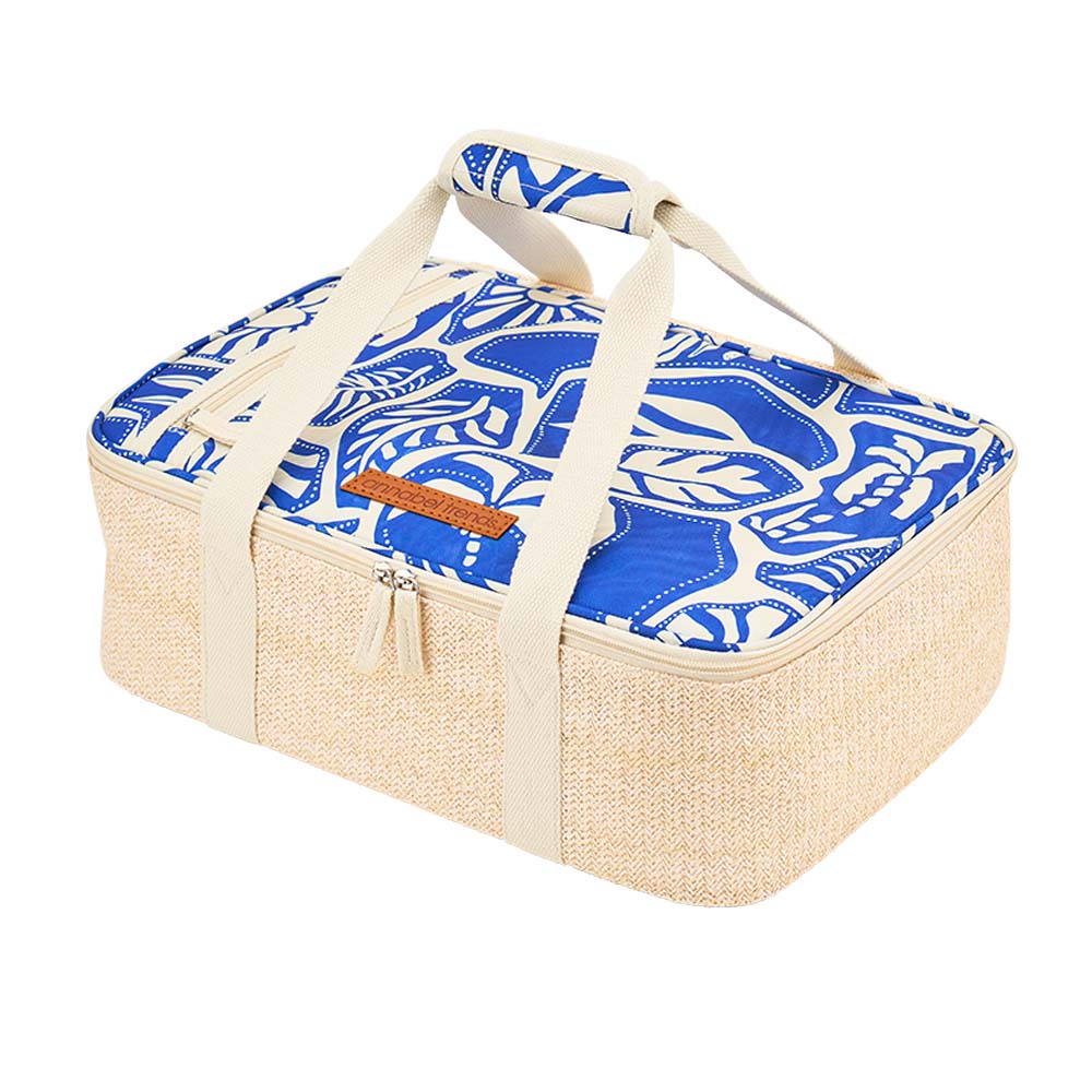 Rectangular lunch bag with blue whale pattern on a white background