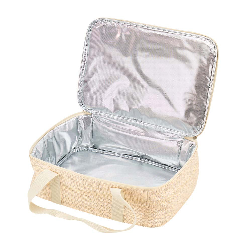 Beige insulated lunch bag with silver interior on a white background