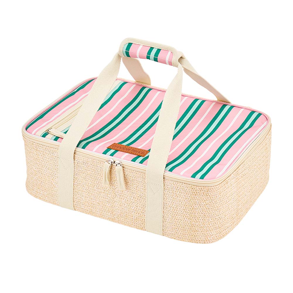 Picnic basket with pink and green striped lid on a white background