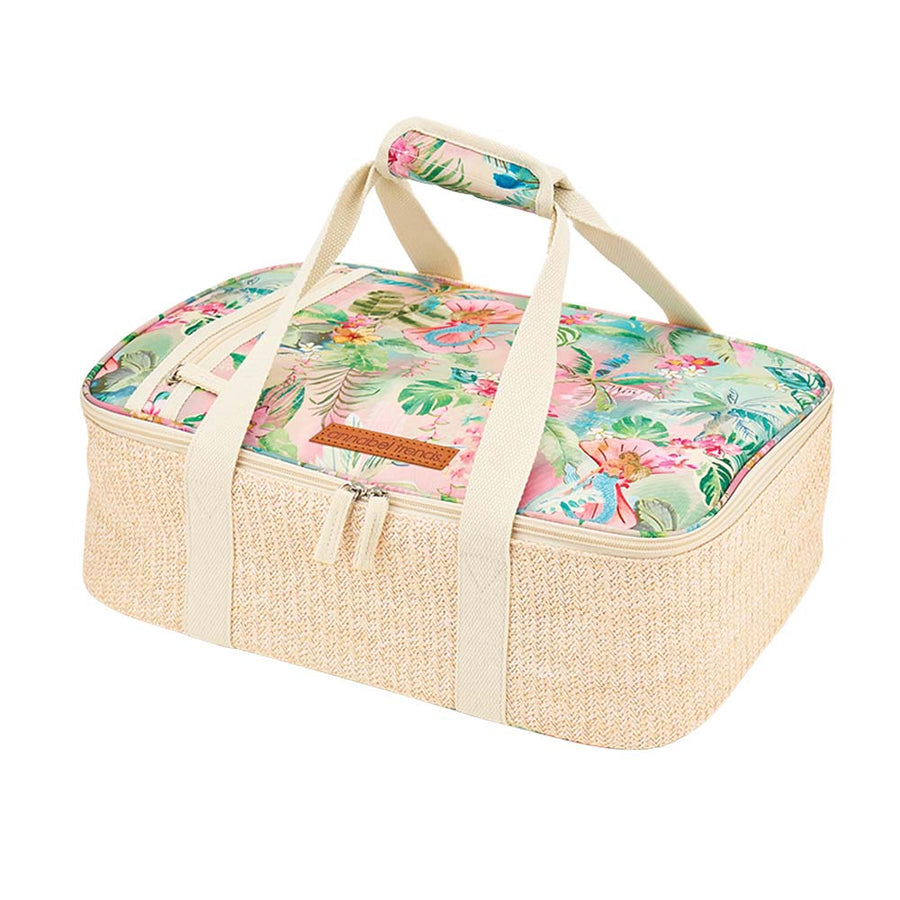 Floral-patterned insulated lunch bag with woven base on a white background