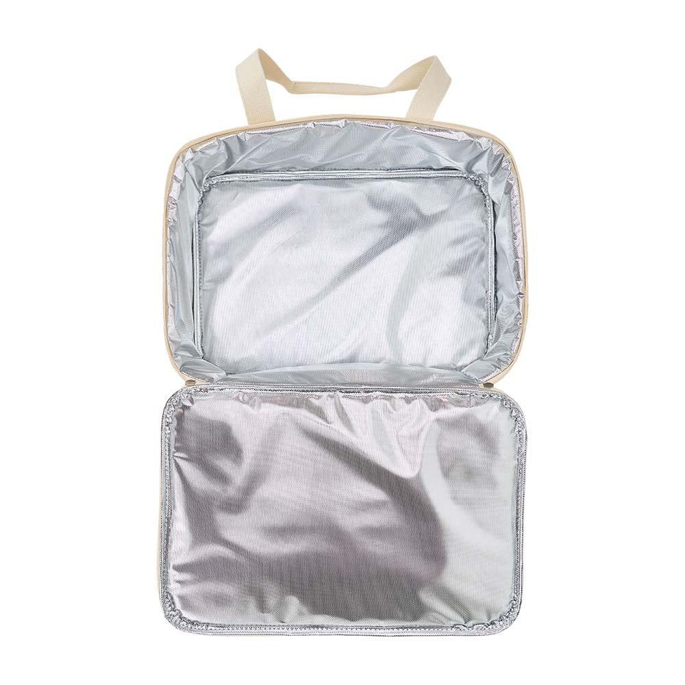Open travel organizer with silver interior on a white background