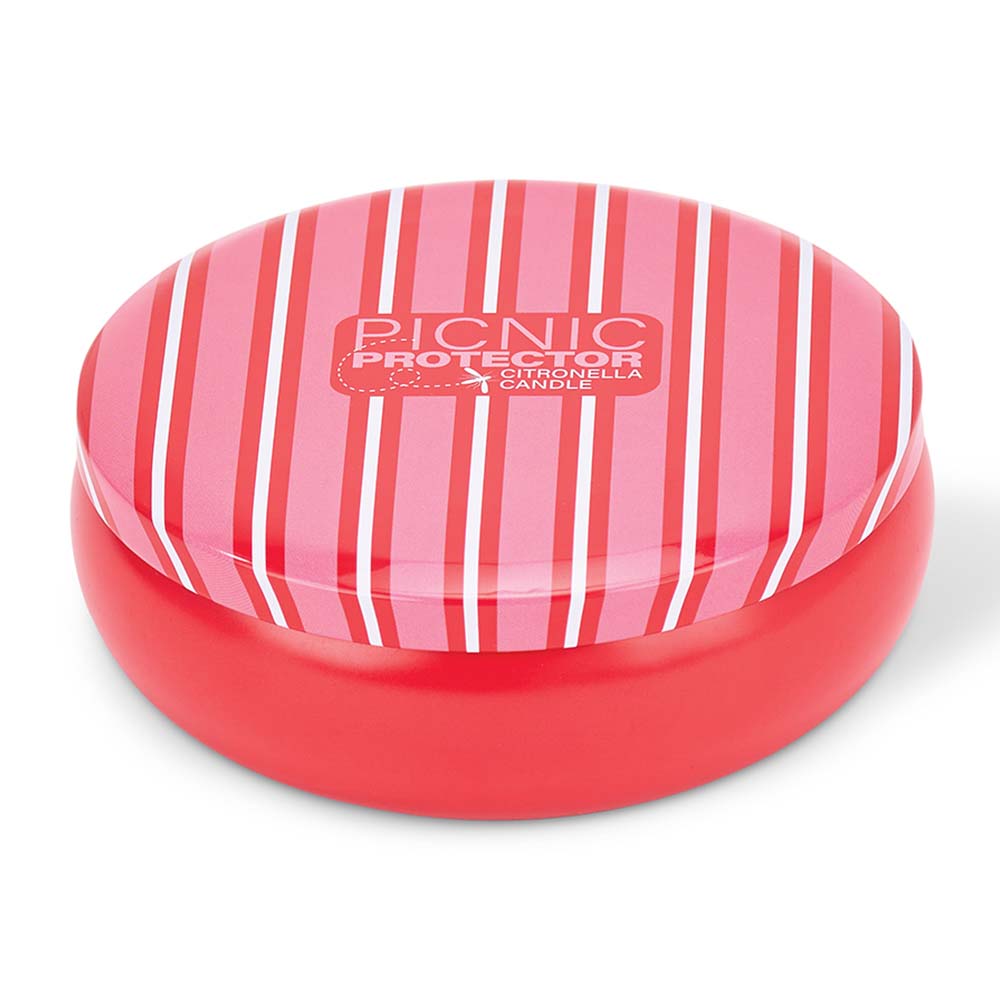Red and pink striped container with 'Picnic Protector' branding on a white background