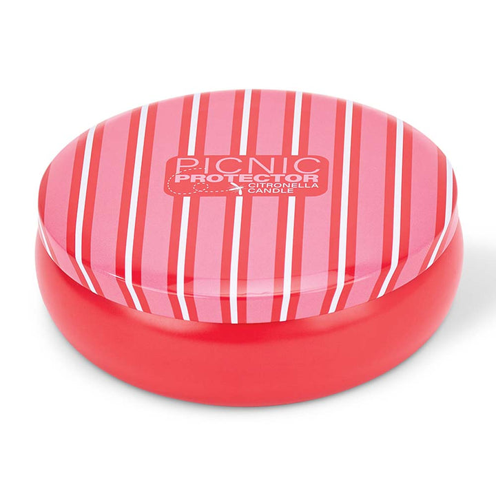 Red and pink striped container with 'Picnic Protector' branding on a white background
