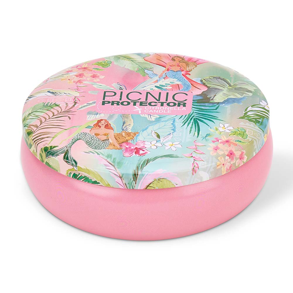 Round pink cushion with floral pattern and 'Picnic Protector' branding on a white background