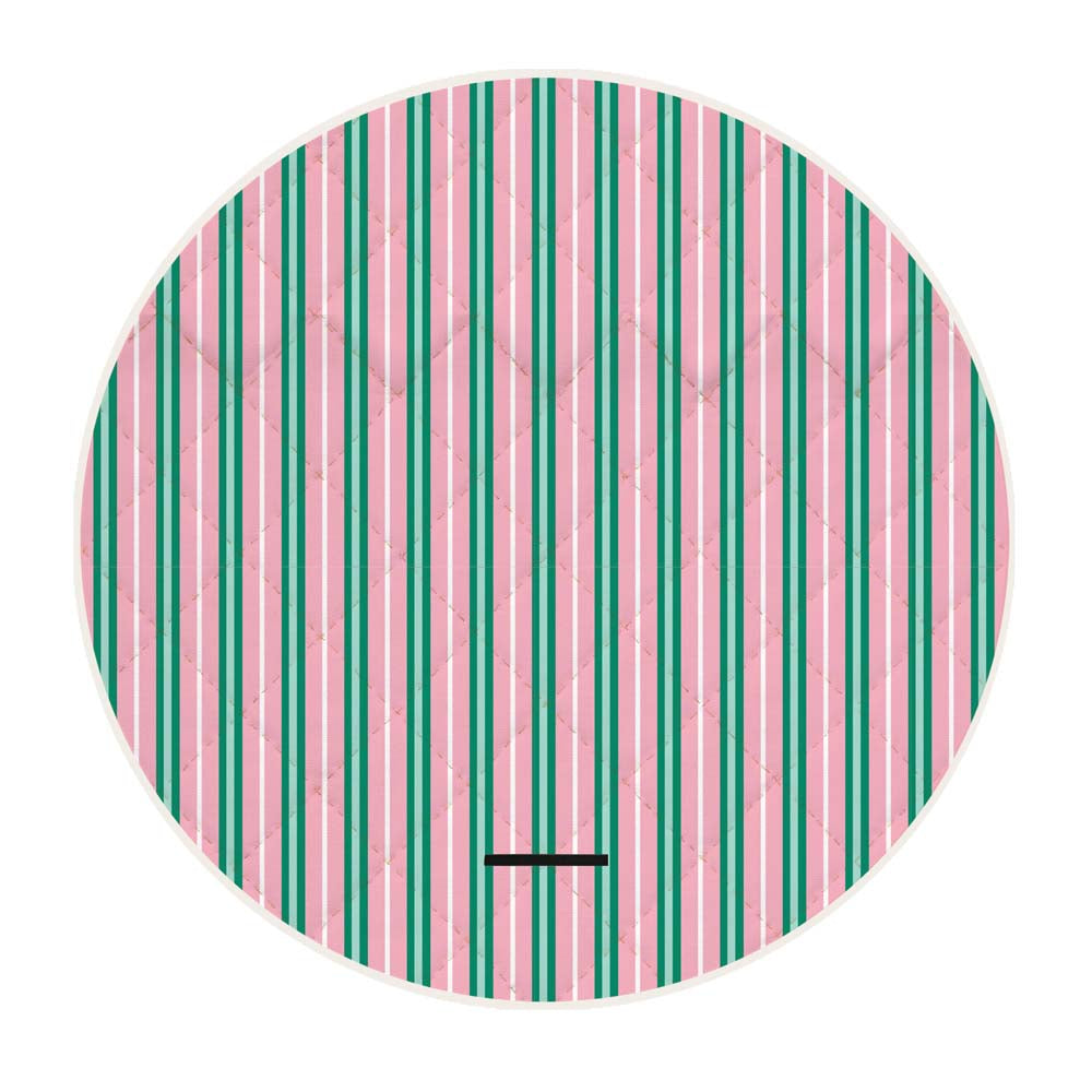 Round picnic mat with pink and green striped pattern on a white background