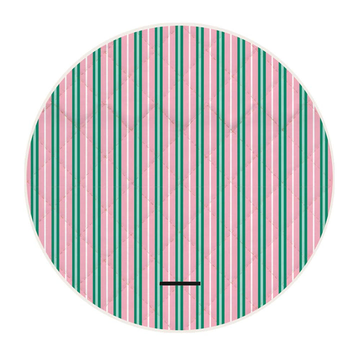 Round picnic mat with pink and green striped pattern on a white background