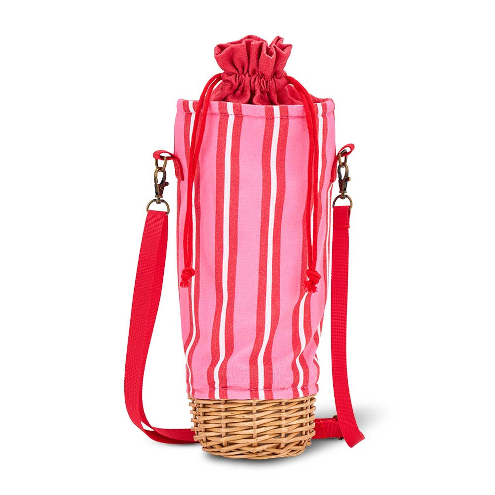 Red and white striped bag with a wicker base on a white background