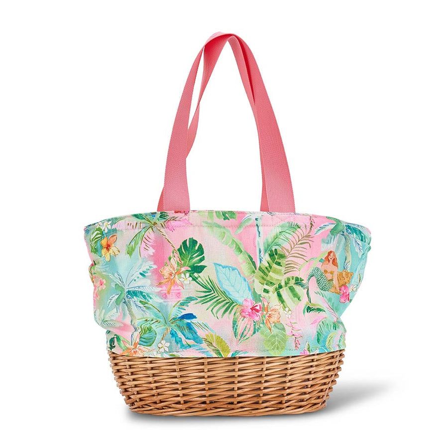 picnic Tote bag with floral pattern and wicker base on a white background