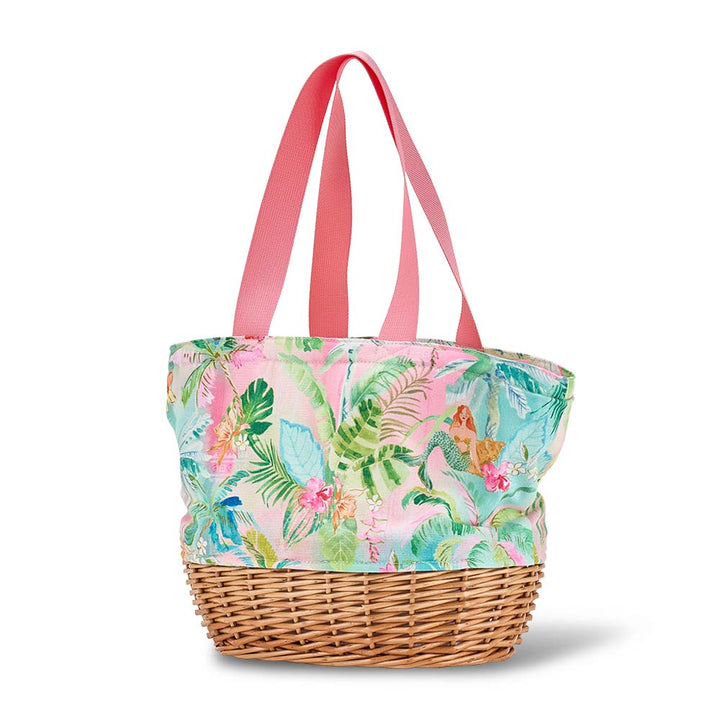 Tote bag with floral pattern and wicker base on a white background