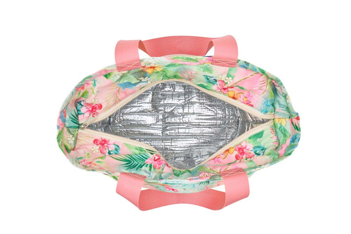 Floral-patterned bag with pink handles and a clear center on a white background