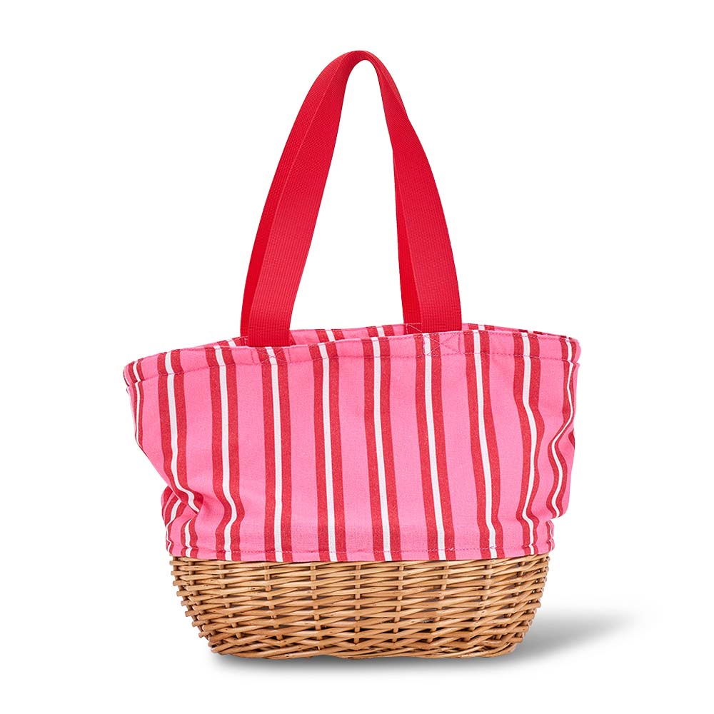 Striped tote bag with wicker base on a white background