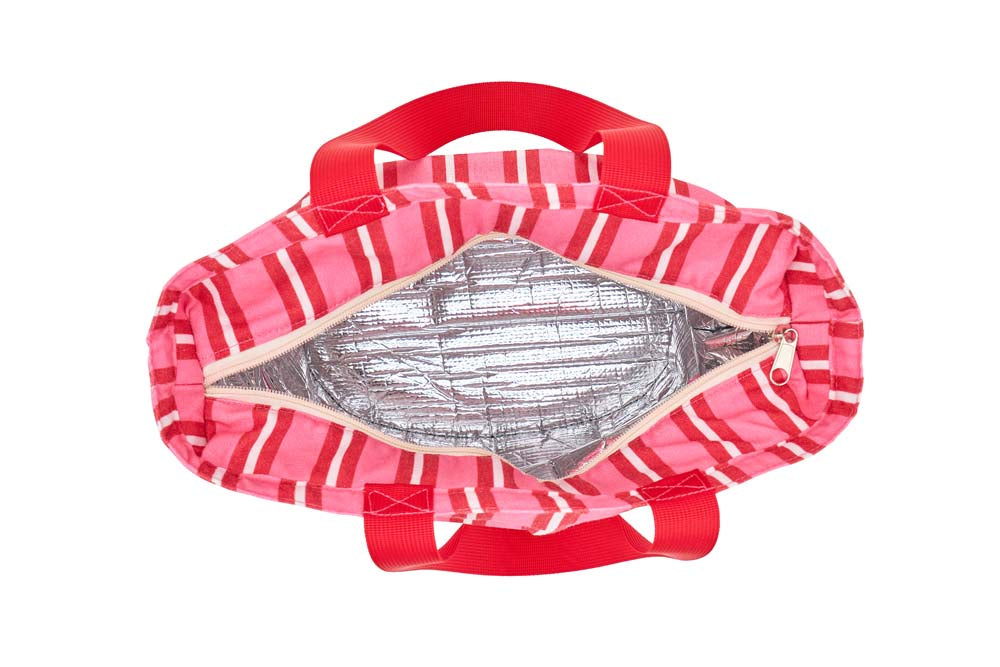 Pink cooler striped bag with a red handle on a white background