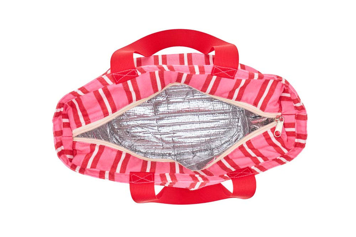 Pink cooler striped bag with a red handle on a white background