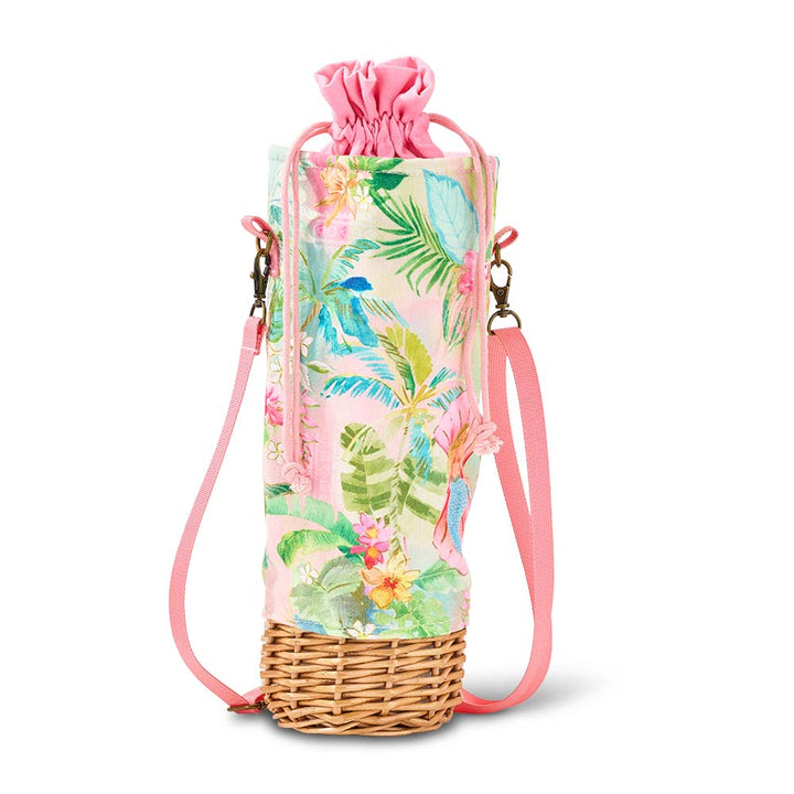 Floral-patterned wine bottle bag with pink drawstring and woven base on a white background
